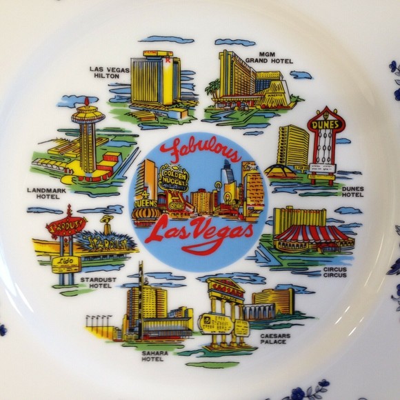 Vintage Schiff Las Vegas Souvenir Plate Gold Trim Sahara Stardust Hilton 10.25" - Picture 2 of 12